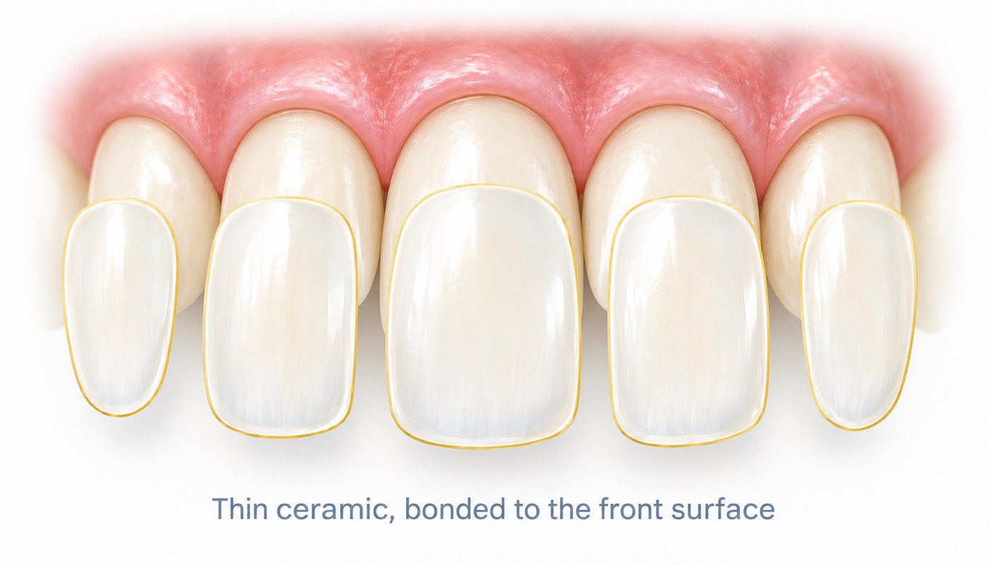 Six front teeth with thin ceramic veneers bonded to the front surfaces