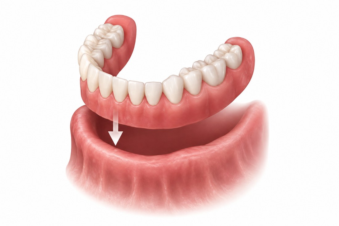 A lower denture lifting away from the gum ridge it rests on