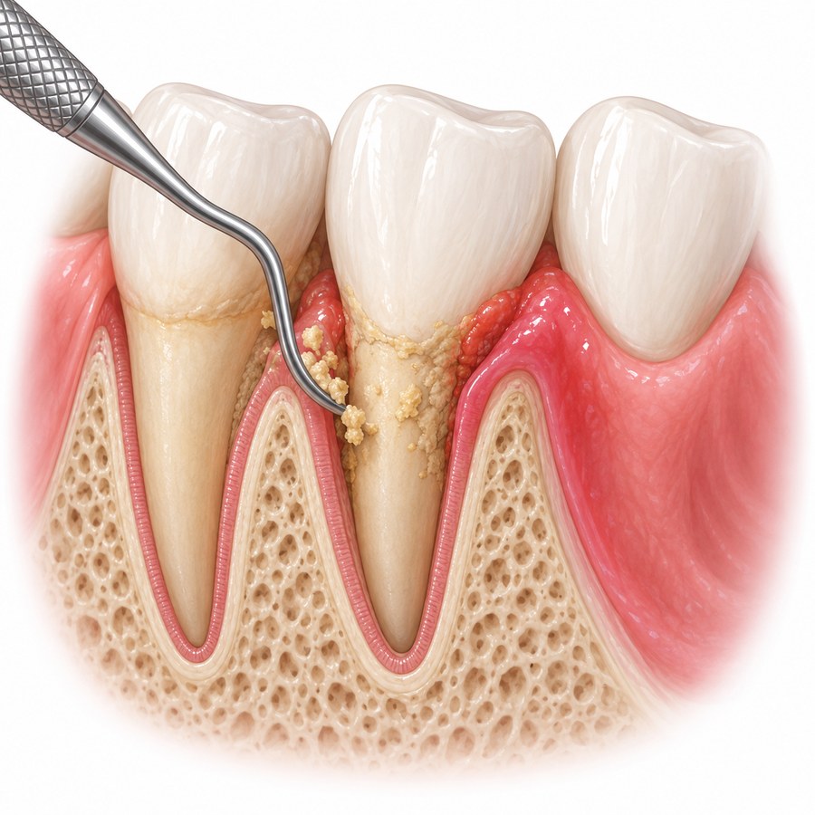 A scaler cleaning hardened tartar from a root surface below inflamed gum tissue
