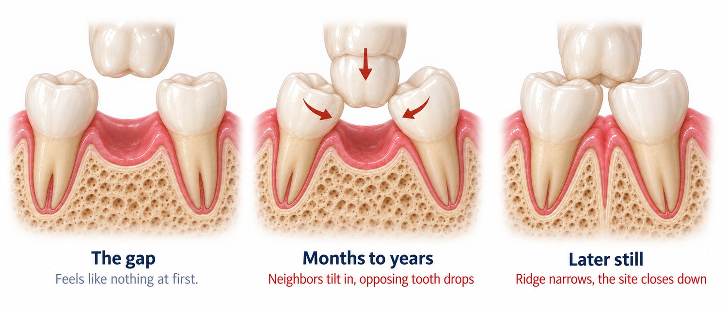 Three stages after losing a tooth: the fresh gap, neighbors tilting in with the opposing tooth dropping, and the ridge narrowing